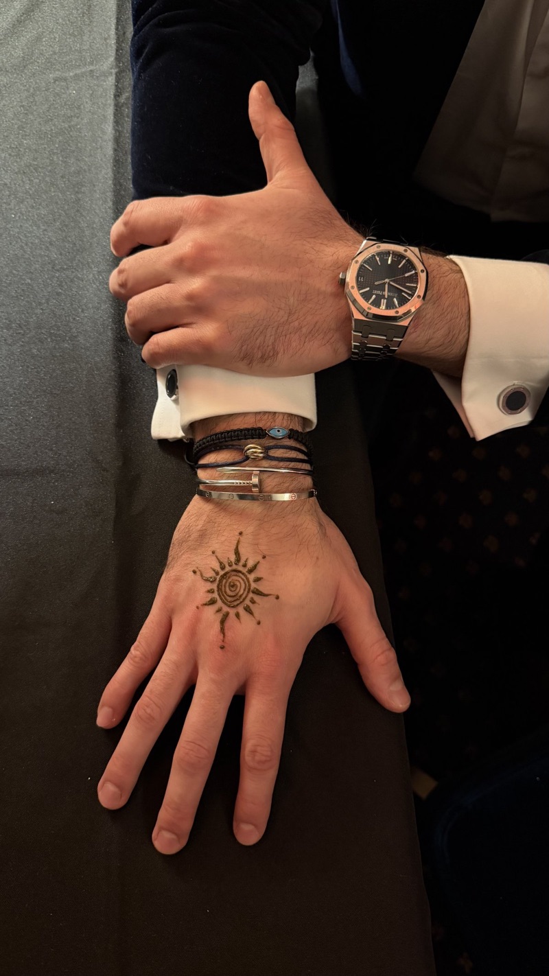 Corporate Event in Geneva - Henna Services Henna on a man's hand, wearing an Audemars Piguet watch in Geneva.